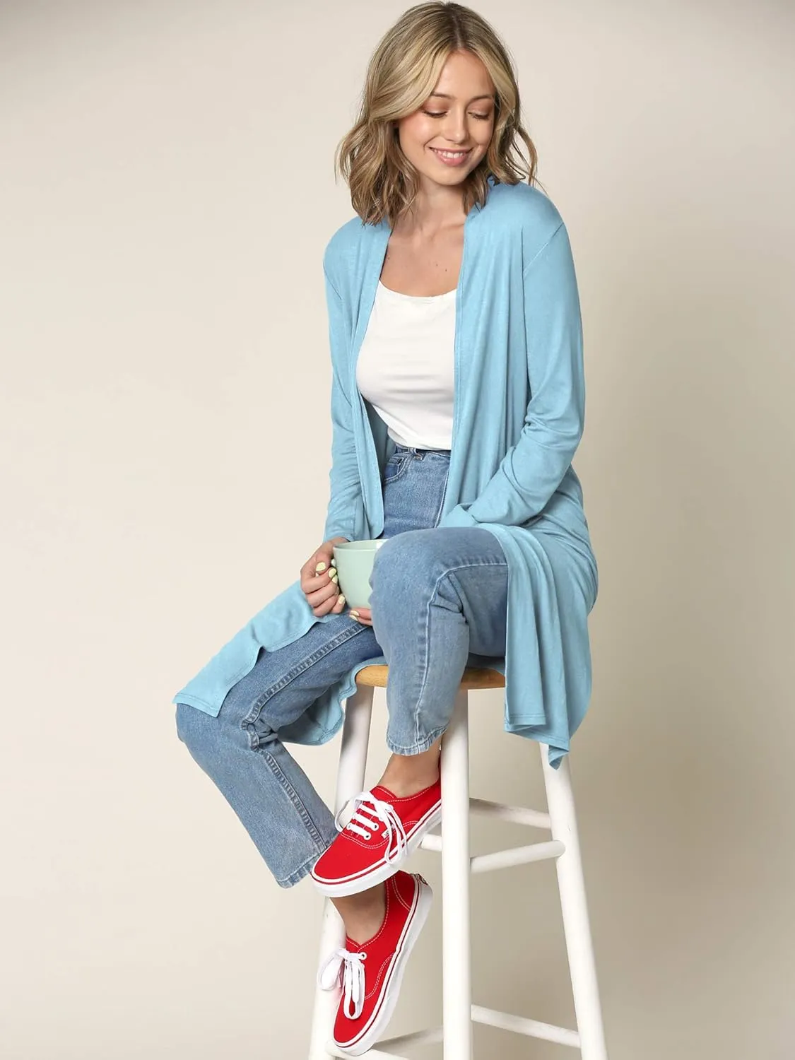 Lock and Love Women's Long Cardigan  Fall Casual Draped Open Front Lightweight Duster with Long Sleeves
