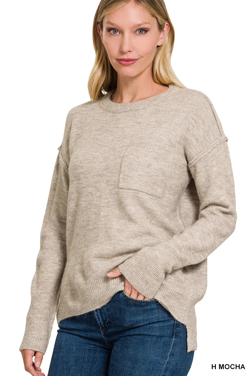 Mocha Melange Hi-Low Pocket Sweater