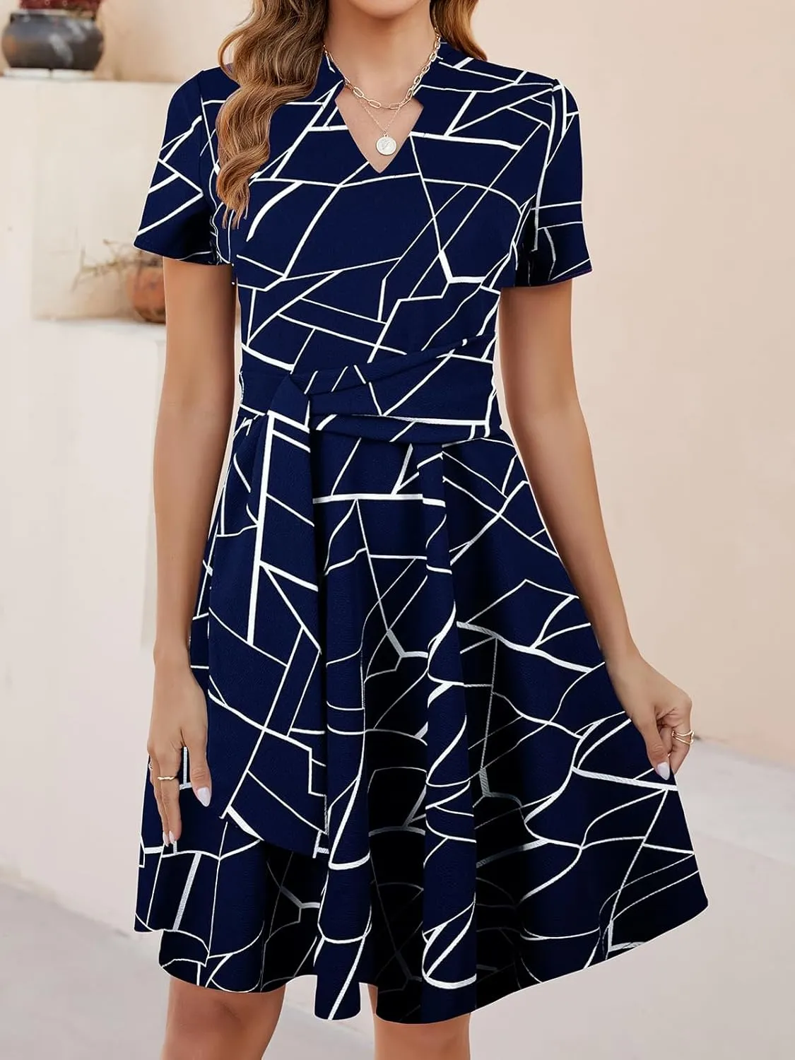 Mokayee Womens Summer Short Sleeve V Neck Fit and Flare A Line Business Casual Wedding Guest Work Dresses with Pockets