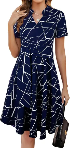Mokayee Womens Summer Short Sleeve V Neck Fit and Flare A Line Business Casual Wedding Guest Work Dresses with Pockets