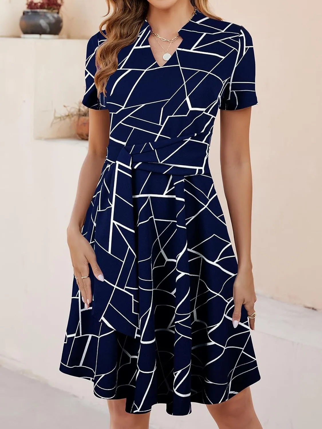 Mokayee Womens Summer Short Sleeve V Neck Fit and Flare A Line Business Casual Wedding Guest Work Dresses with Pockets