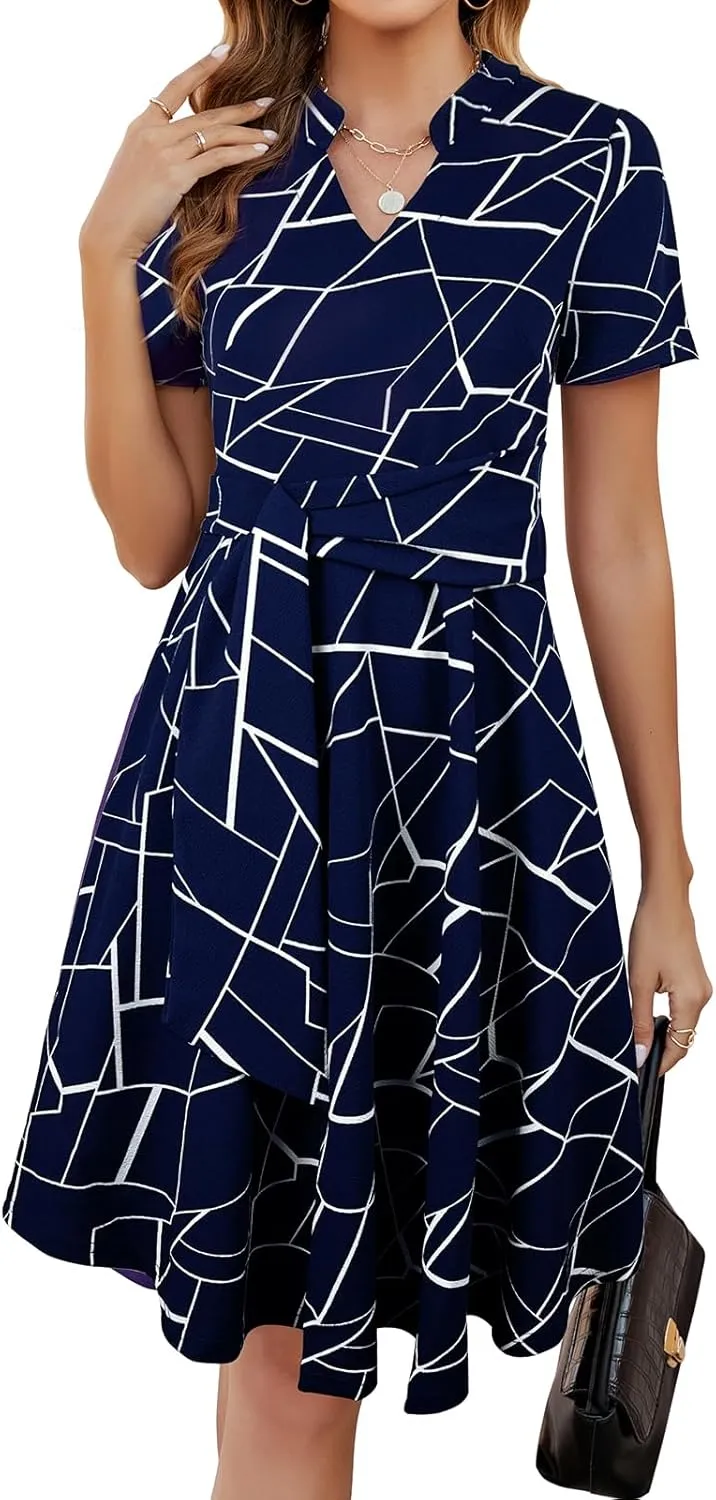 Mokayee Womens Summer Short Sleeve V Neck Fit and Flare A Line Business Casual Wedding Guest Work Dresses with Pockets