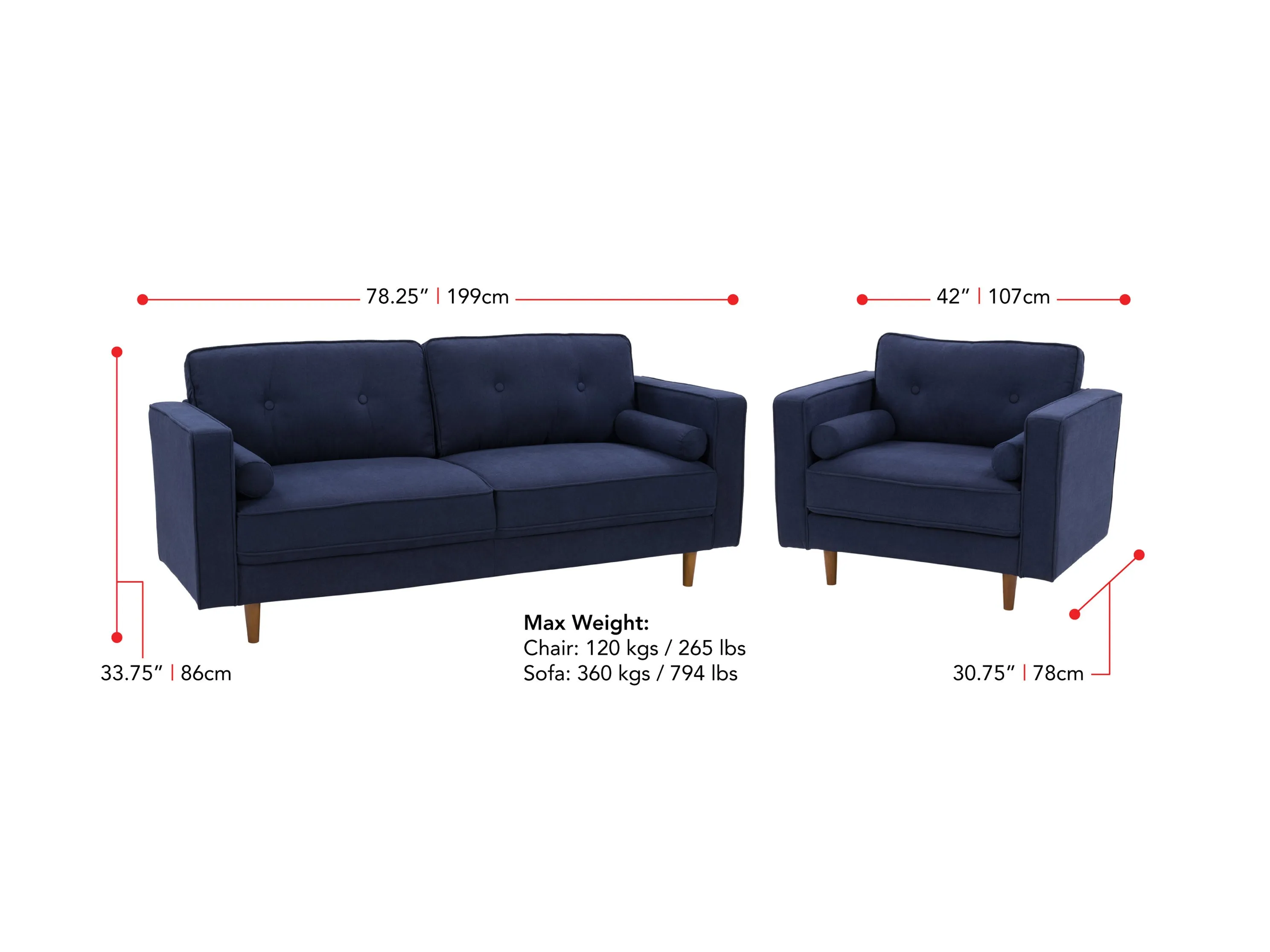 Navy Blue Sofa and Chair 2 Piece Set