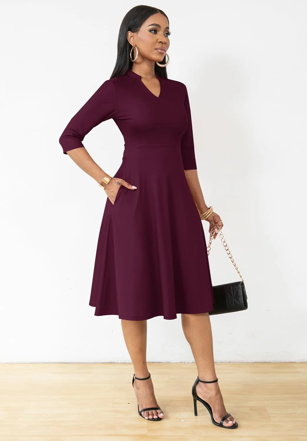 Nmoder Casual Dresses for Women Semi Formal Fit and Flare 3/4 Sleeve A-line Church Work Dress with Pockets