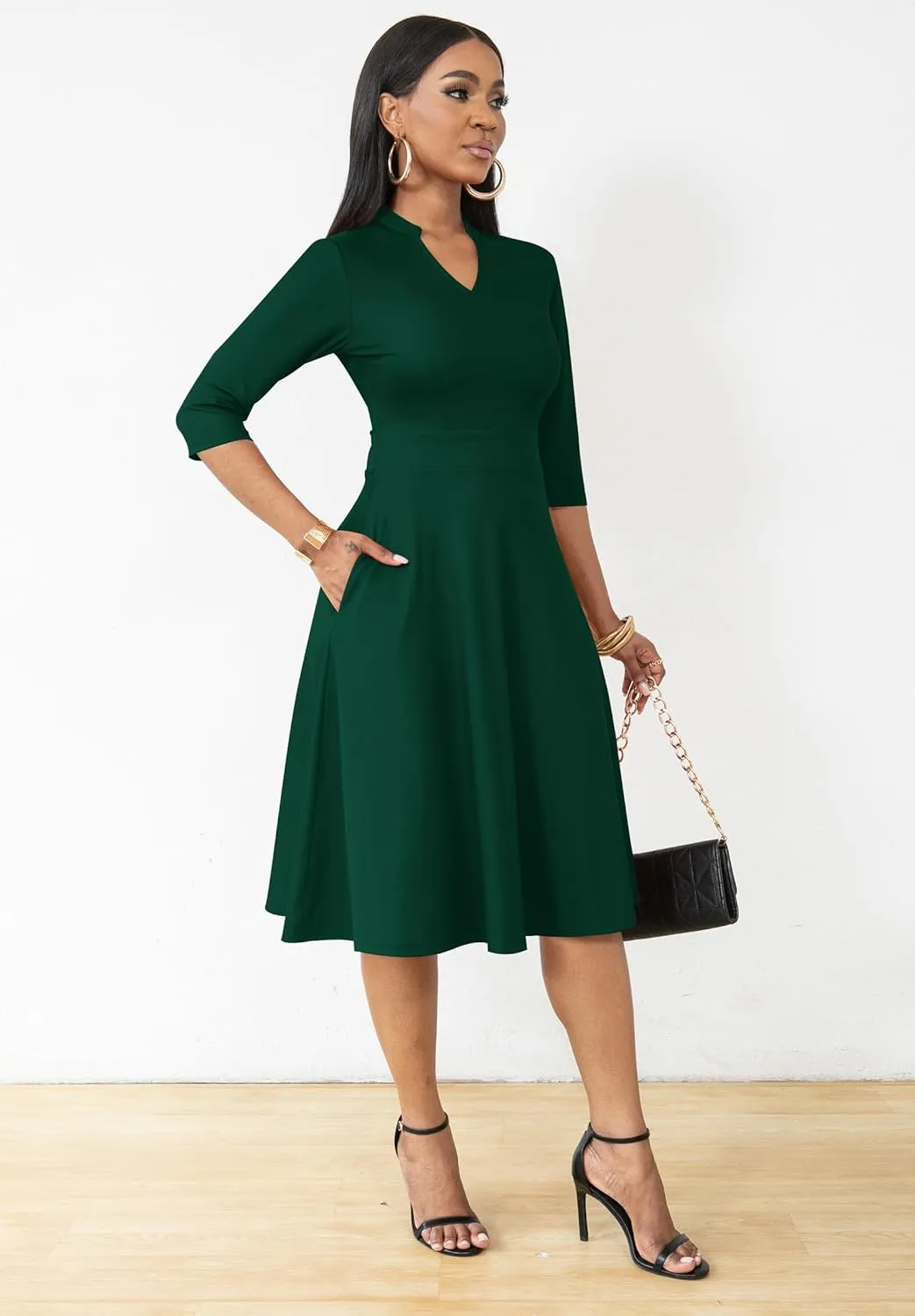 Nmoder Casual Dresses for Women Semi Formal Fit and Flare 3/4 Sleeve A-line Church Work Dress with Pockets