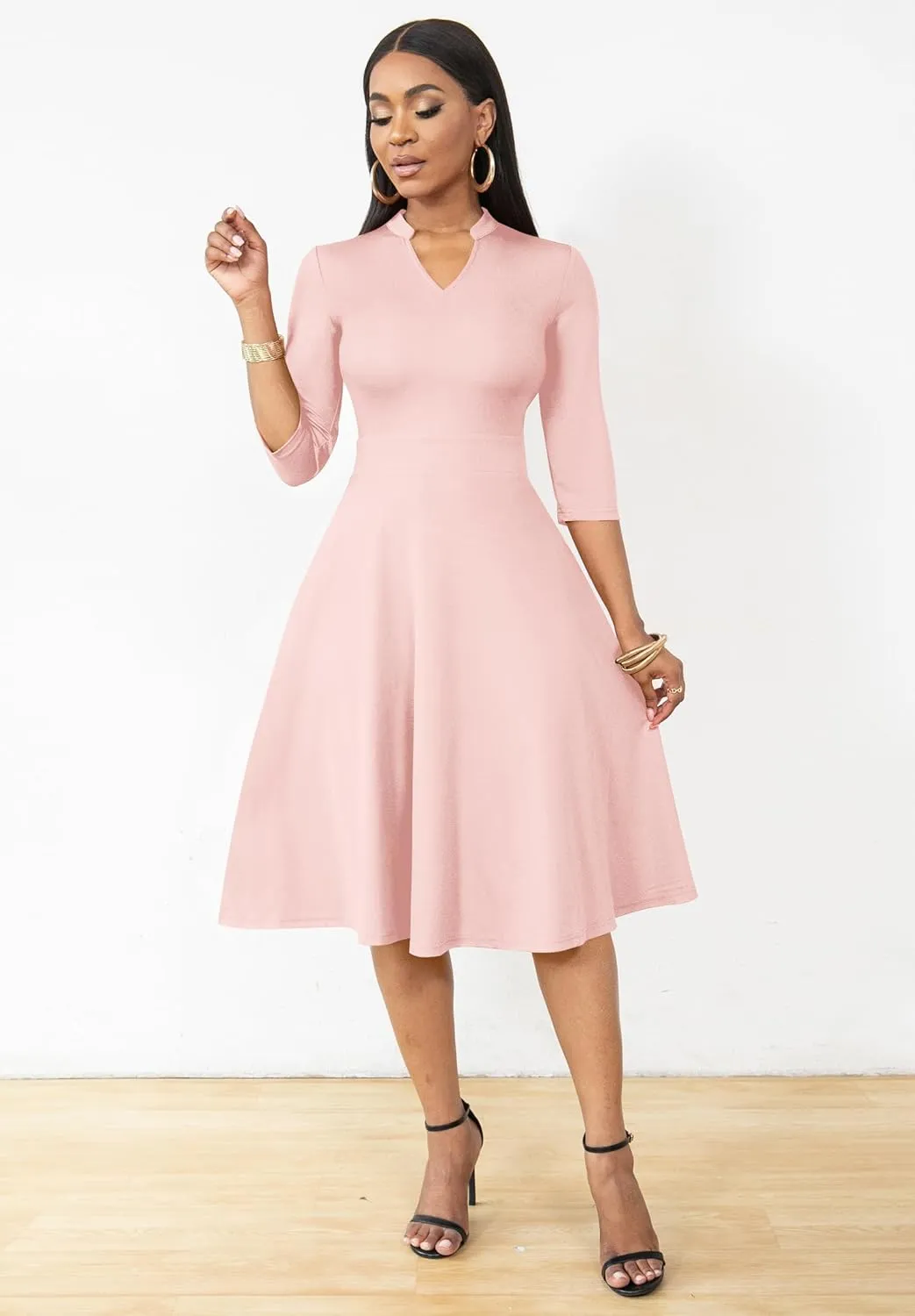 Nmoder Casual Dresses for Women Semi Formal Fit and Flare 3/4 Sleeve A-line Church Work Dress with Pockets