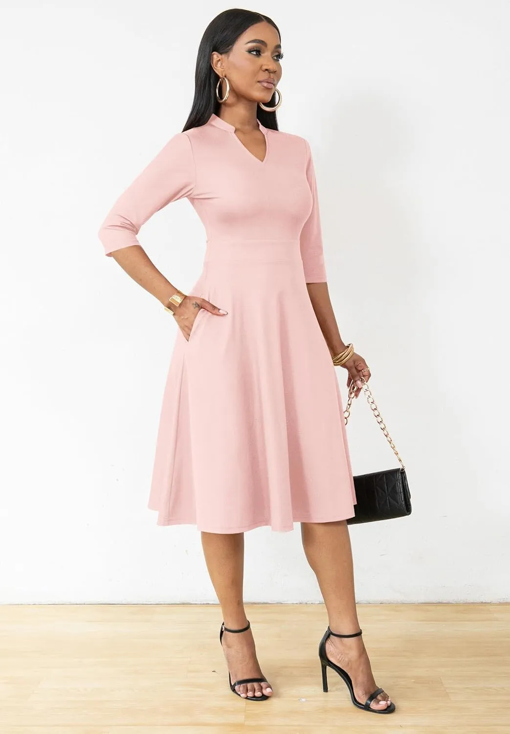 Nmoder Casual Dresses for Women Semi Formal Fit and Flare 3/4 Sleeve A-line Church Work Dress with Pockets