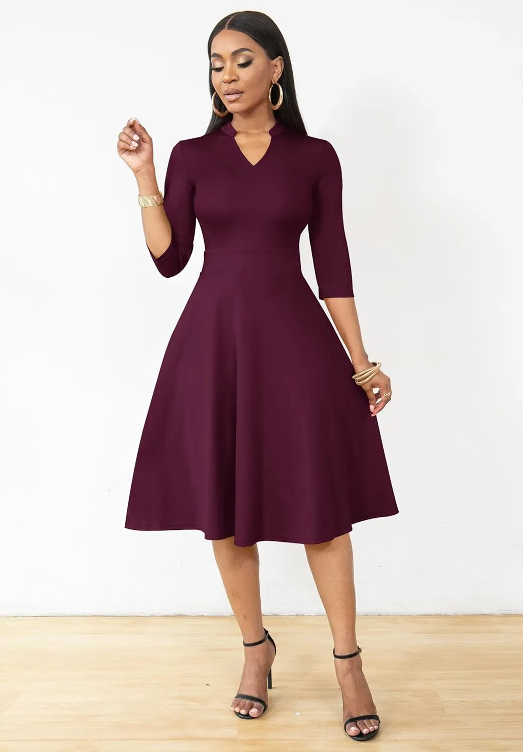 Nmoder Casual Dresses for Women Semi Formal Fit and Flare 3/4 Sleeve A-line Church Work Dress with Pockets