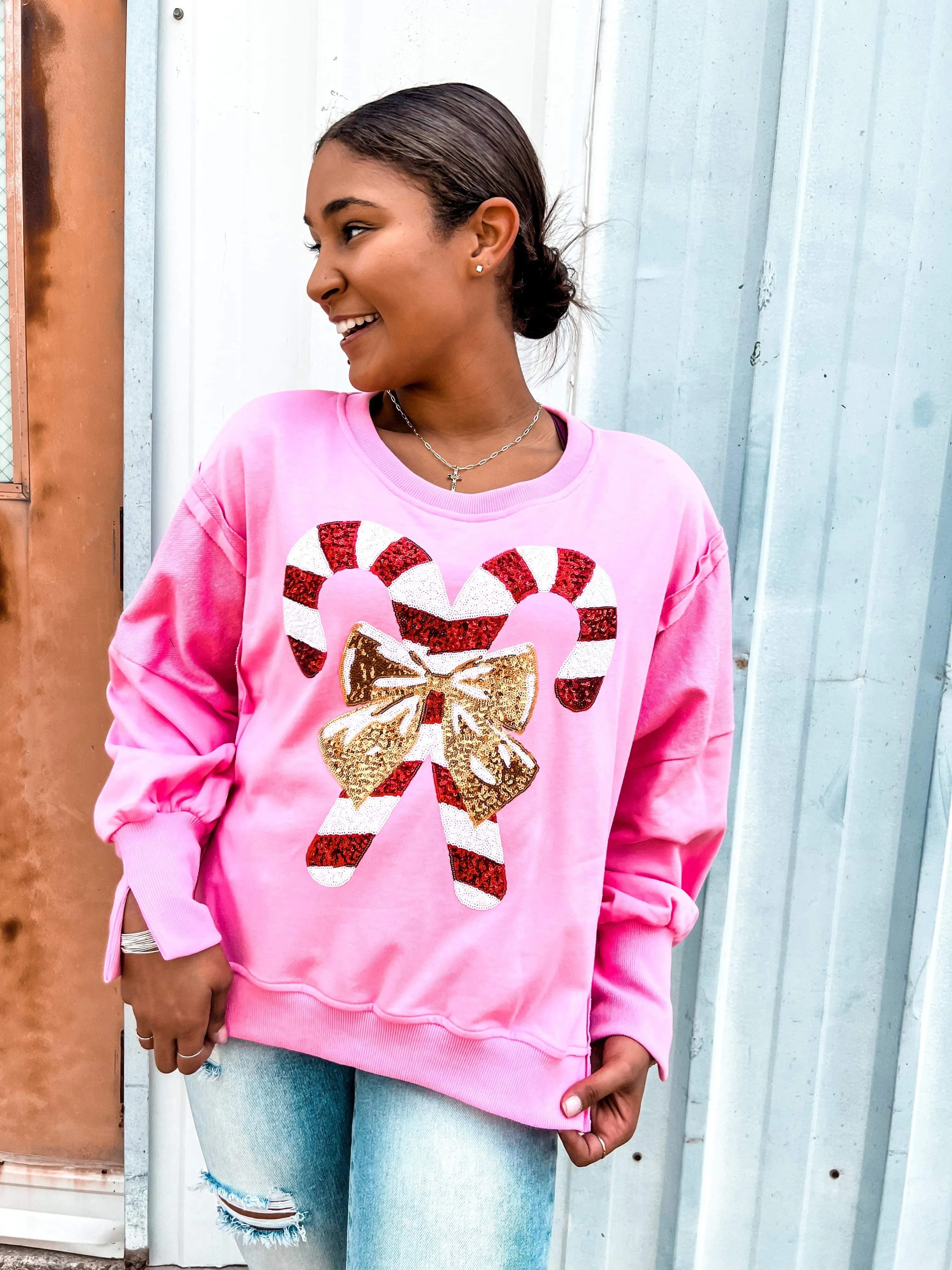 Queen Of Sequin Candy Cane Sweatshirt