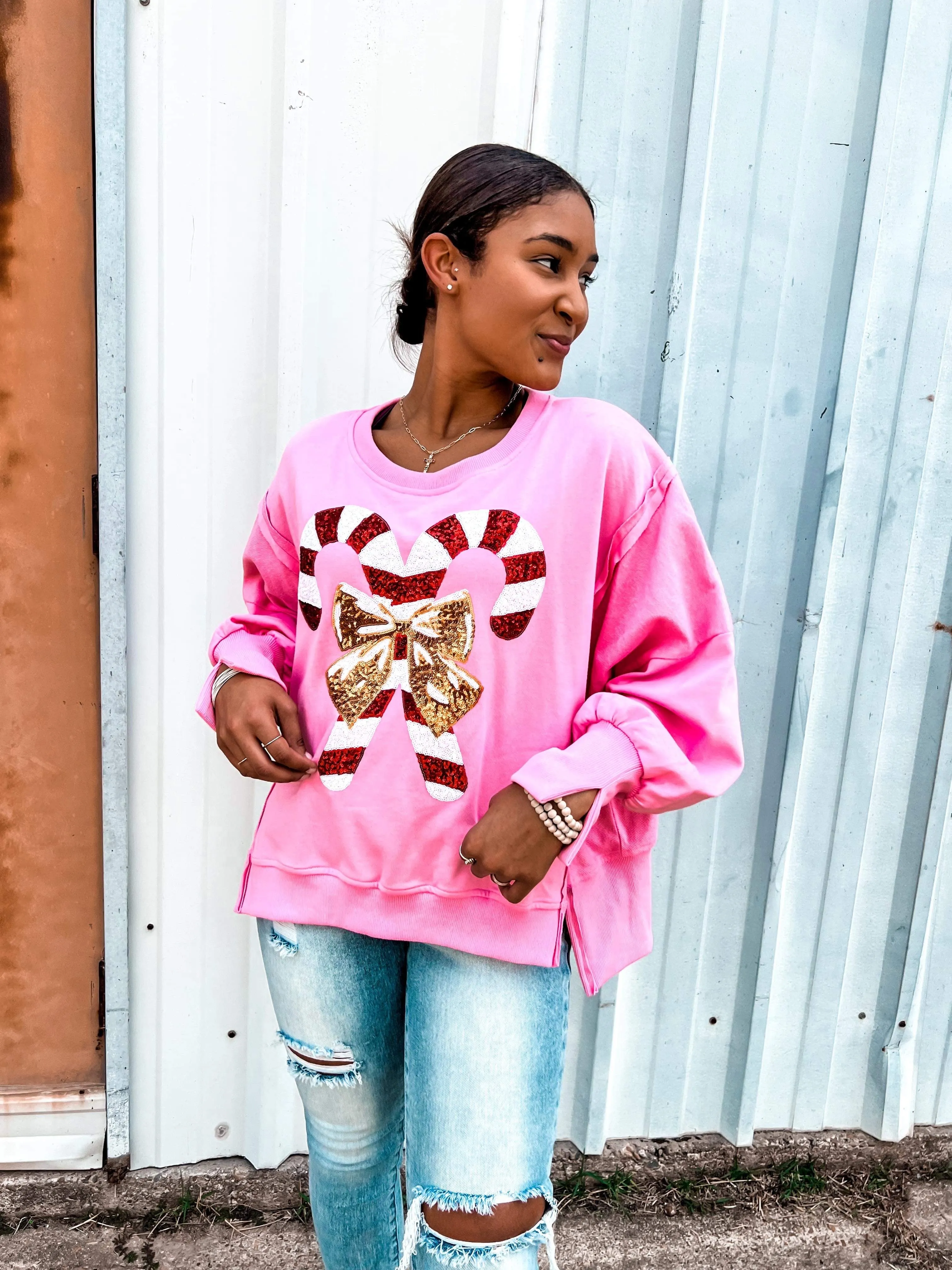 Queen Of Sequin Candy Cane Sweatshirt