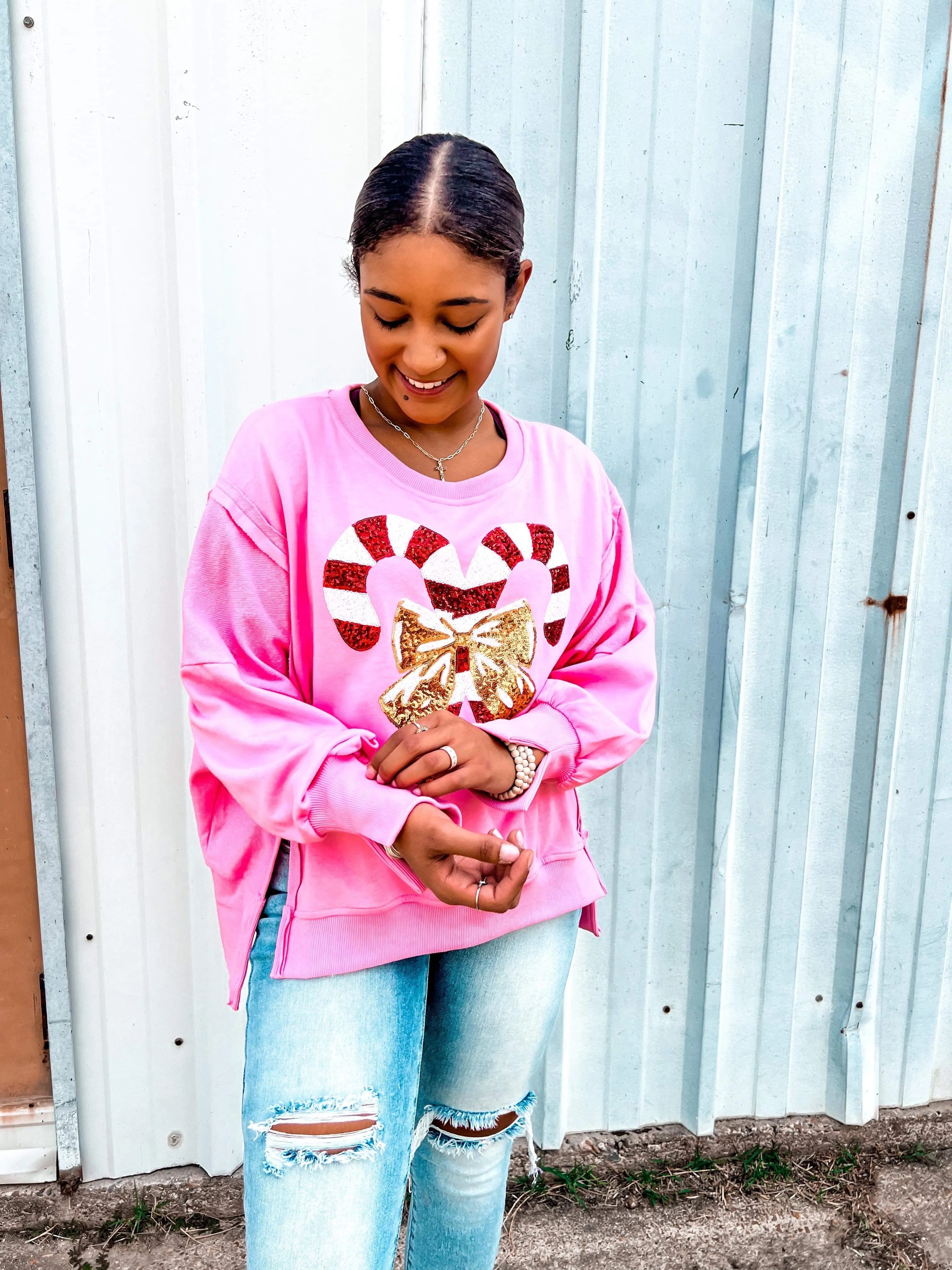 Queen Of Sequin Candy Cane Sweatshirt