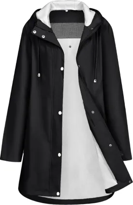 Rain Jacket Womens Waterproof with Hood, Long Rain Coat Windproof Windbreaker Outdoor Rain Trench Coat S-XXL