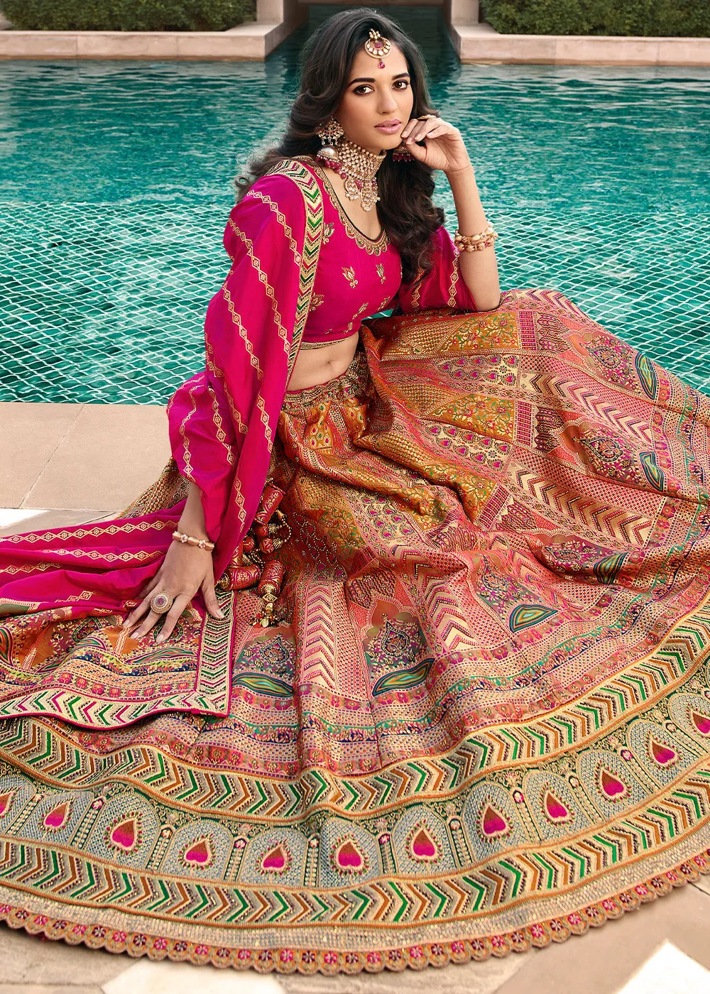 Salmon Pink Heavy Embroidery Banarasi Silk lehenga Choli
