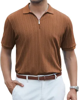 SAMERM Mens Zipper Polo Shirts Short Sleeve Casual Fashion Stylish Knit Polo T Shirt for Men