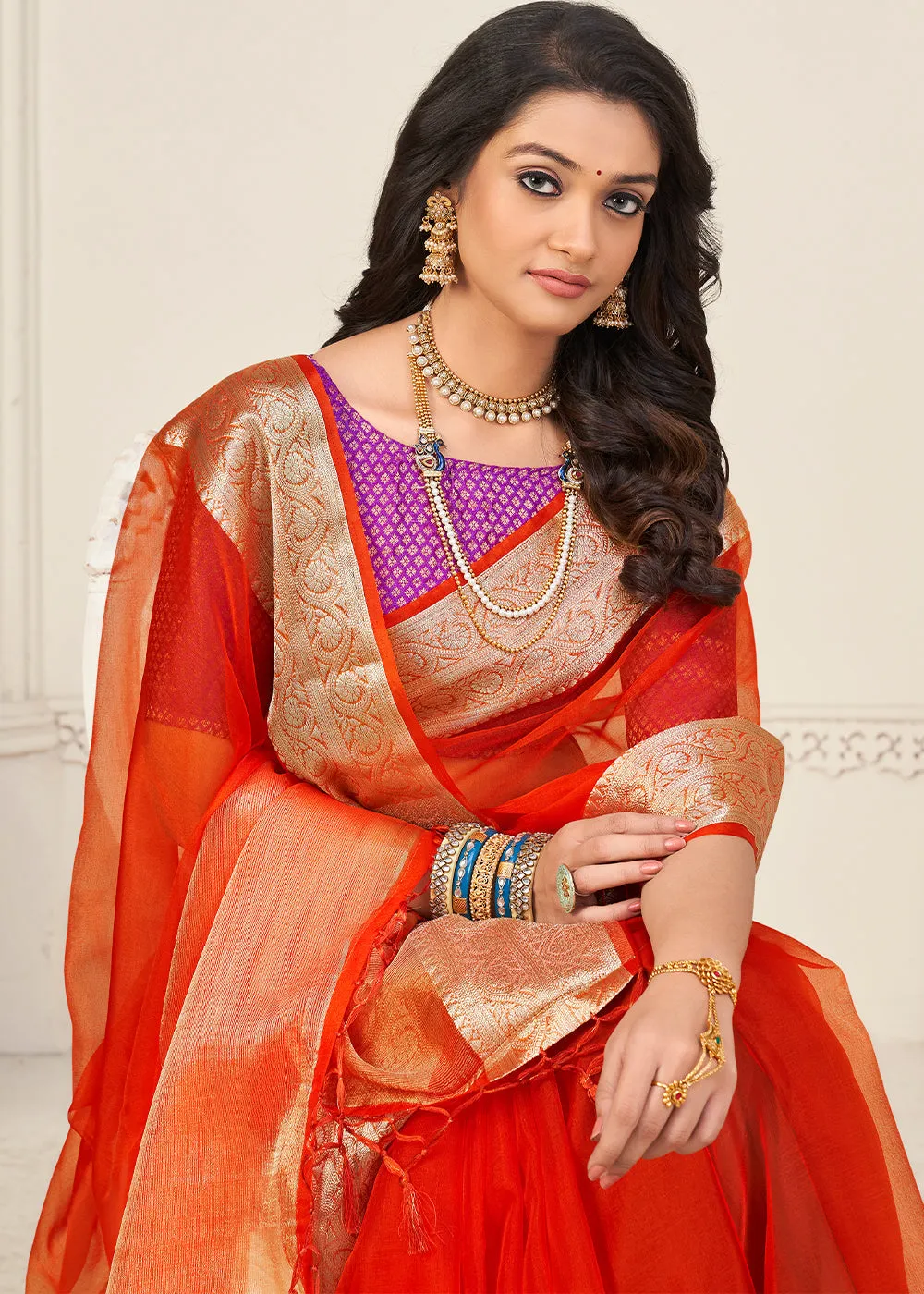 Scarlet Red Designer Organza Silk Saree with Tassels On Pallu