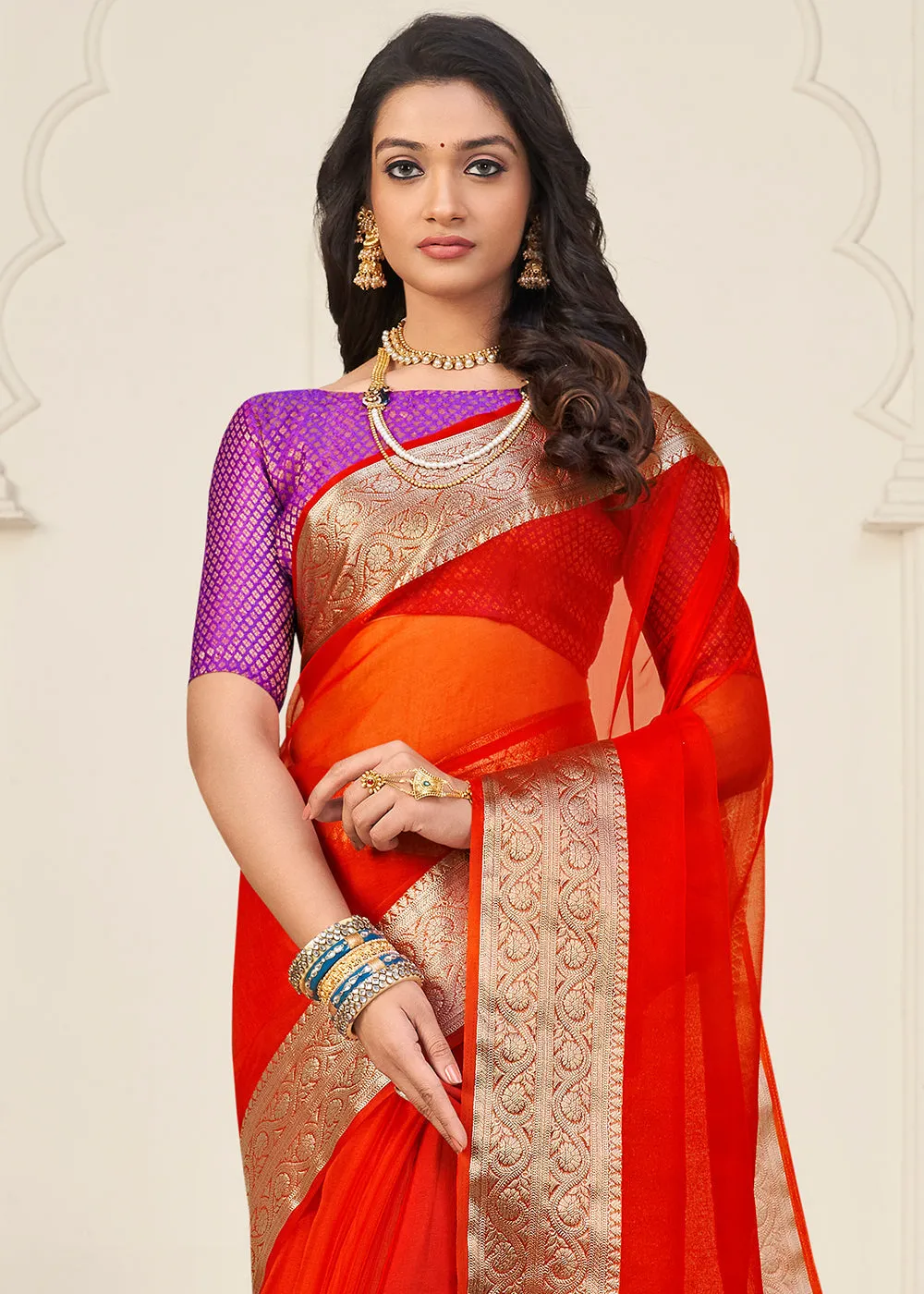 Scarlet Red Designer Organza Silk Saree with Tassels On Pallu