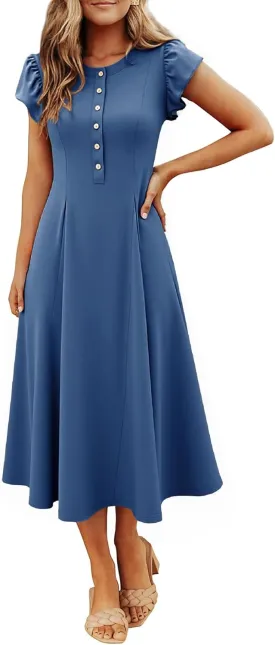 Simplee Womens Summer Casual Dress - Short Sleeve Button Crewneck A-Line Flowy Fit and Flare Beach Midi Dress
