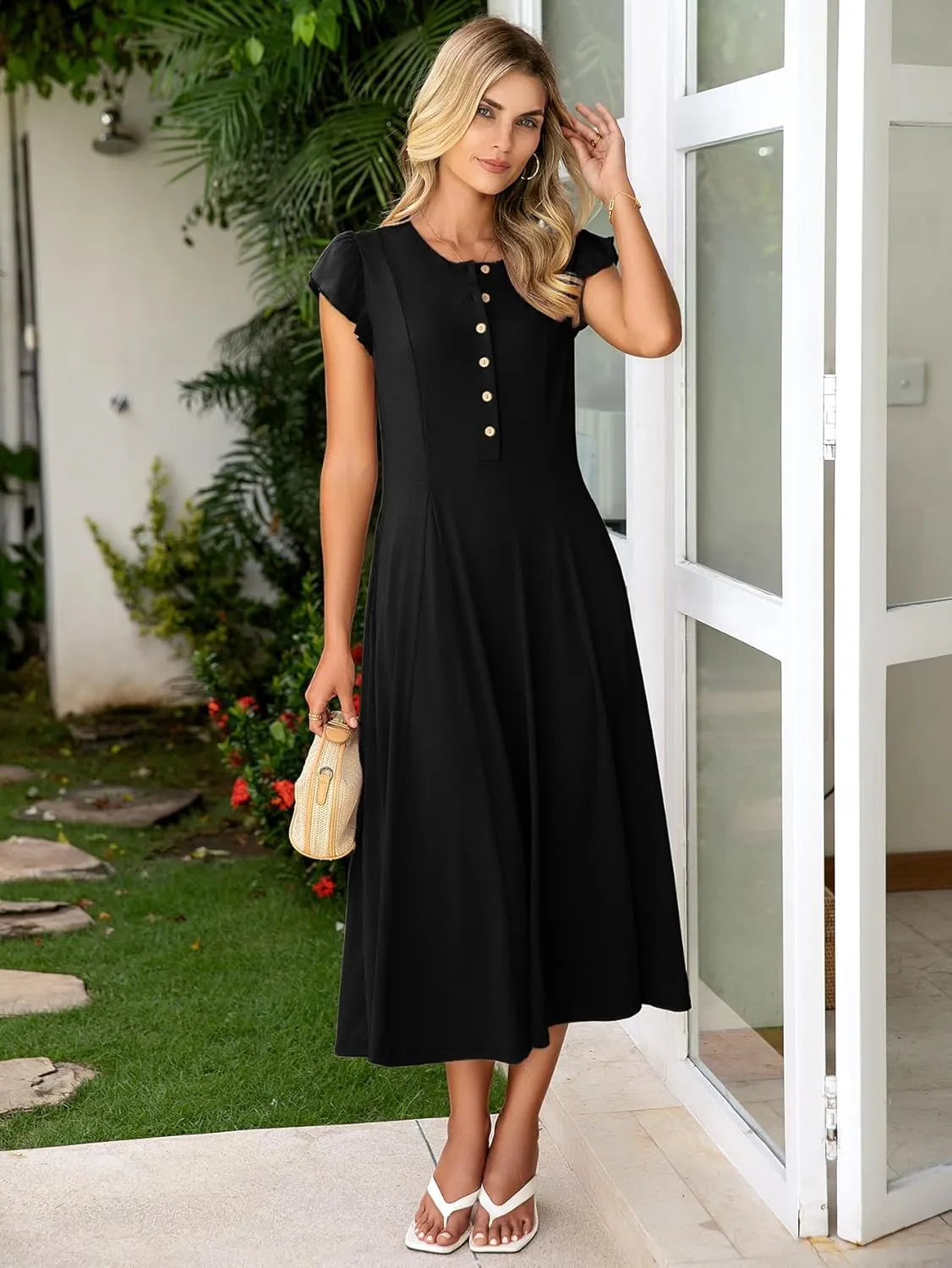 Simplee Womens Summer Casual Dress - Short Sleeve Button Crewneck A-Line Flowy Fit and Flare Beach Midi Dress