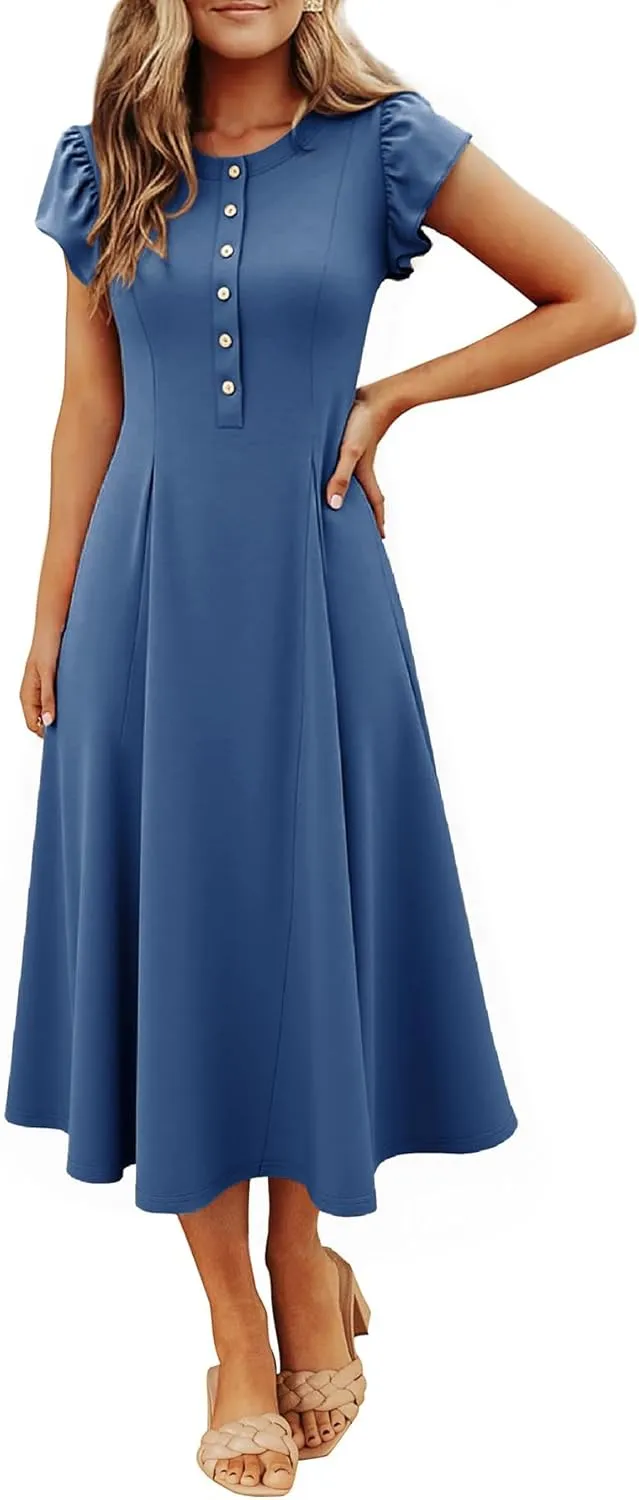 Simplee Womens Summer Casual Dress - Short Sleeve Button Crewneck A-Line Flowy Fit and Flare Beach Midi Dress