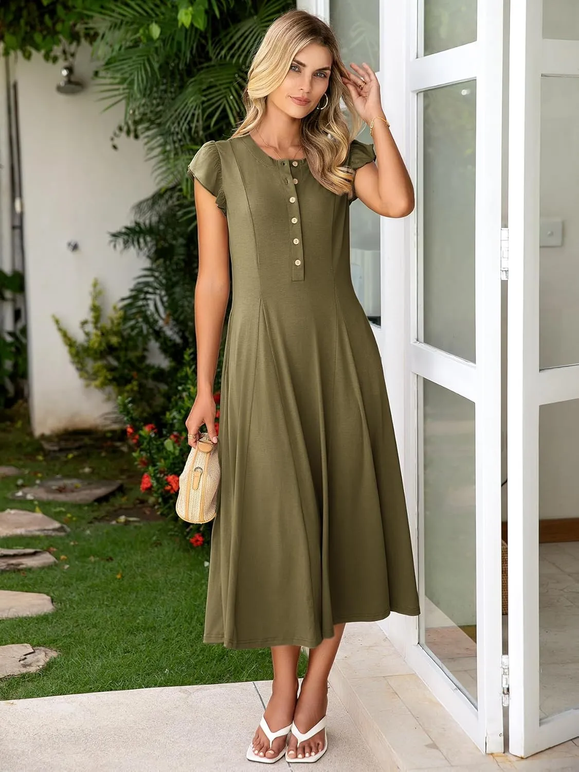 Simplee Womens Summer Casual Dress - Short Sleeve Button Crewneck A-Line Flowy Fit and Flare Beach Midi Dress