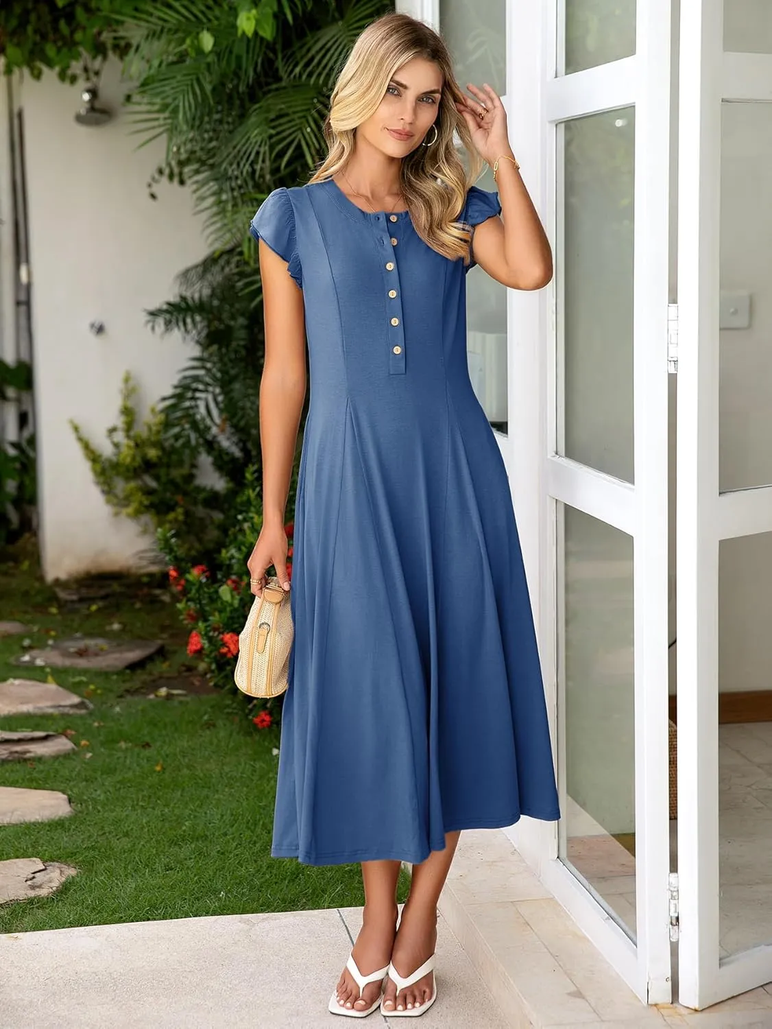 Simplee Womens Summer Casual Dress - Short Sleeve Button Crewneck A-Line Flowy Fit and Flare Beach Midi Dress