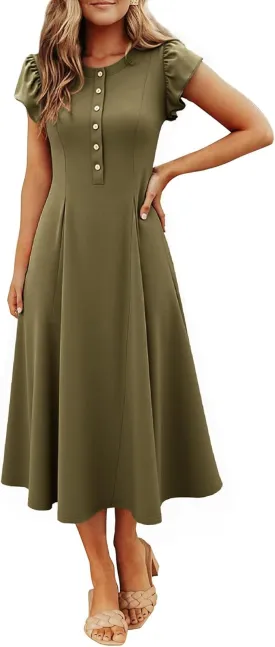Simplee Womens Summer Casual Dress - Short Sleeve Button Crewneck A-Line Flowy Fit and Flare Beach Midi Dress