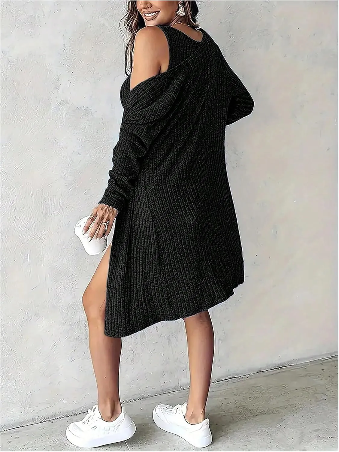 SOLY HUX Women's 2 Piece Outfit Ribbed Knit Long Sleeve Open Front Cardigan and Bodycon Mini Dress Set
