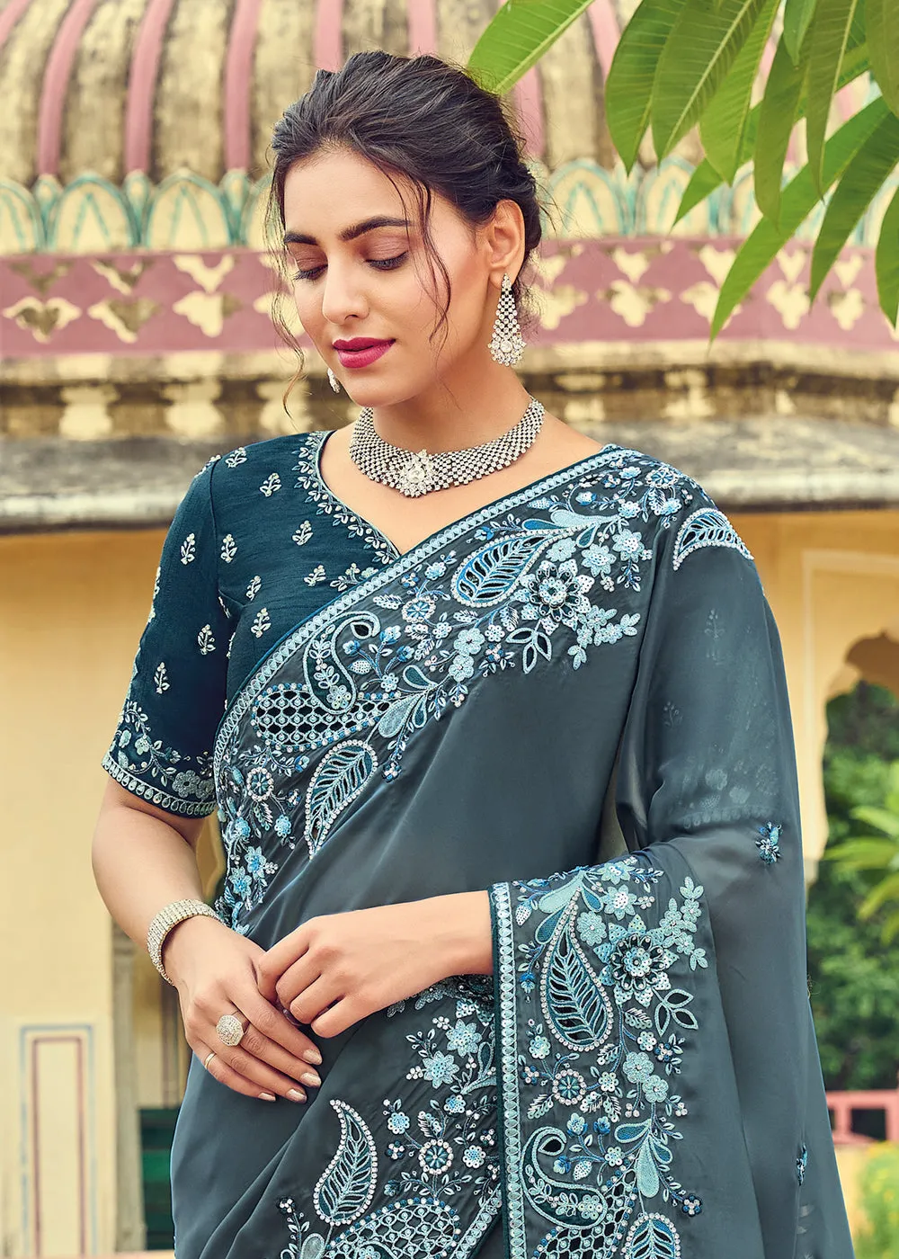 Spruce Blue Designer Organza Saree with Intricate Embroidery work