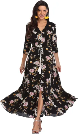 Summer Floral Print Maxi Dress Women Button Up Split Long Flowy Bohemian Beach Party Dresses