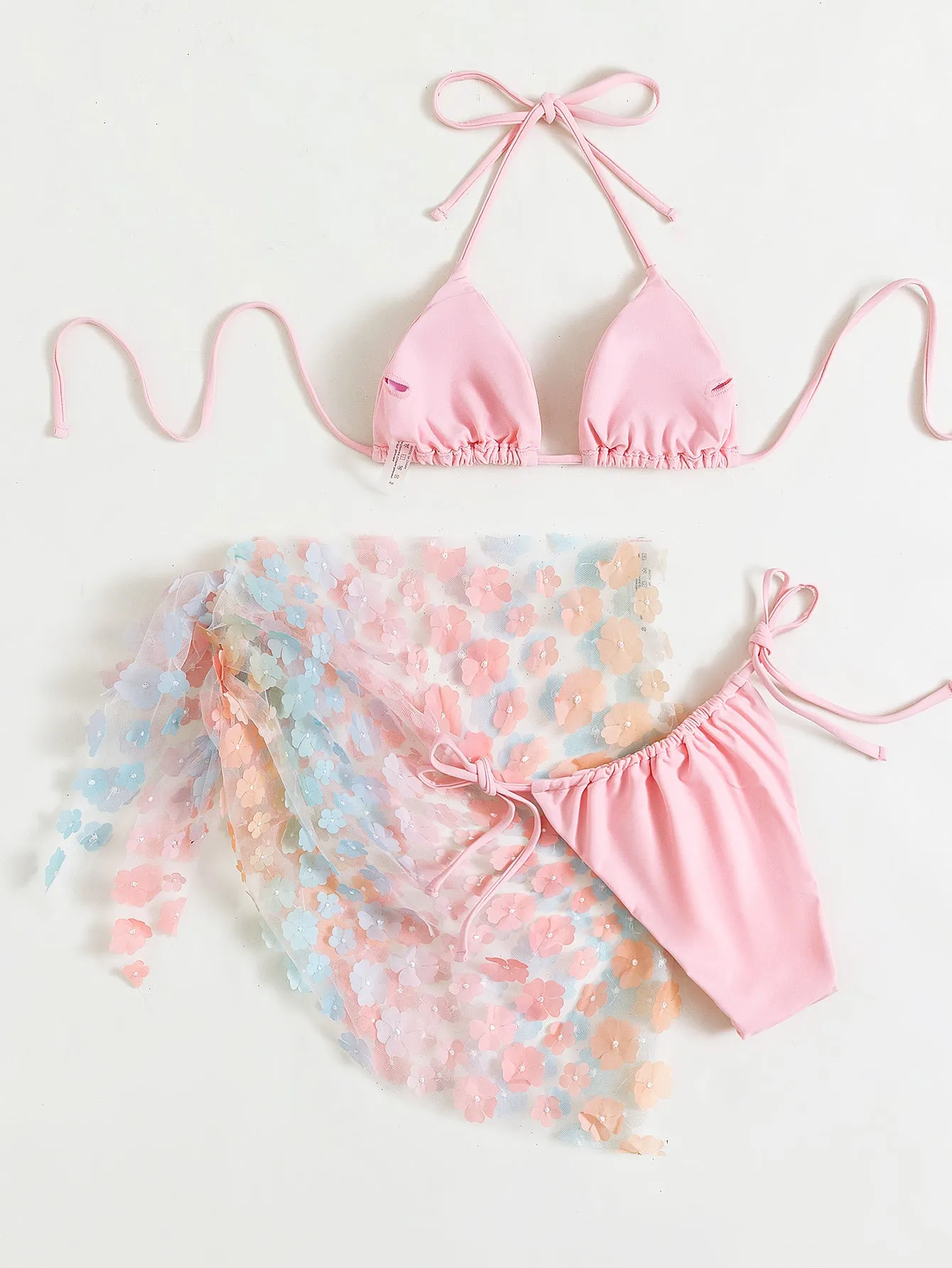 Three-Piece Halter Lace-up Floral Gauze Skirt/Bikini Swimsuit Set