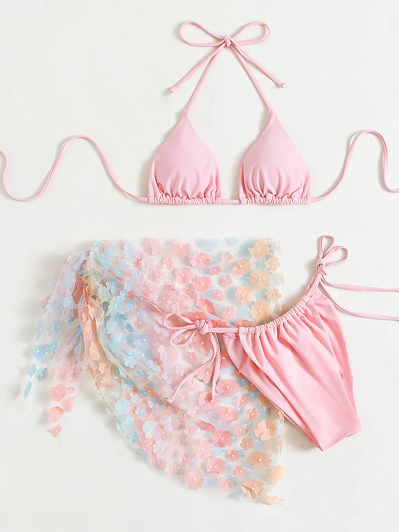 Three-Piece Halter Lace-up Floral Gauze Skirt/Bikini Swimsuit Set