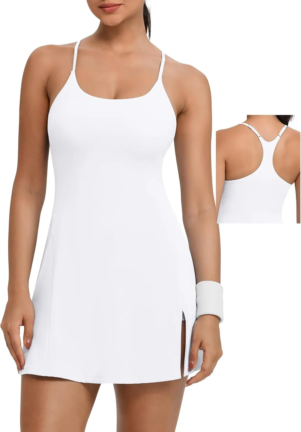 TQD Tennis Athletic Dress for Women U Neck Golf Dress with Built in Shorts and Bra Racerback Side Slit Workout Active Dresses