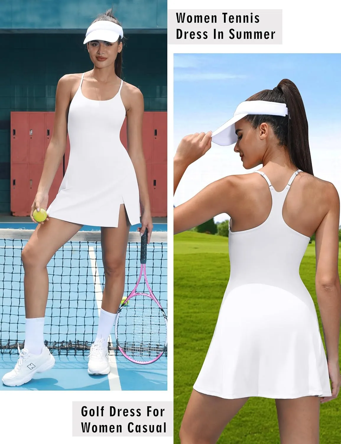 TQD Tennis Athletic Dress for Women U Neck Golf Dress with Built in Shorts and Bra Racerback Side Slit Workout Active Dresses