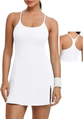 TQD Tennis Athletic Dress for Women U Neck Golf Dress with Built in Shorts and Bra Racerback Side Slit Workout Active Dresses