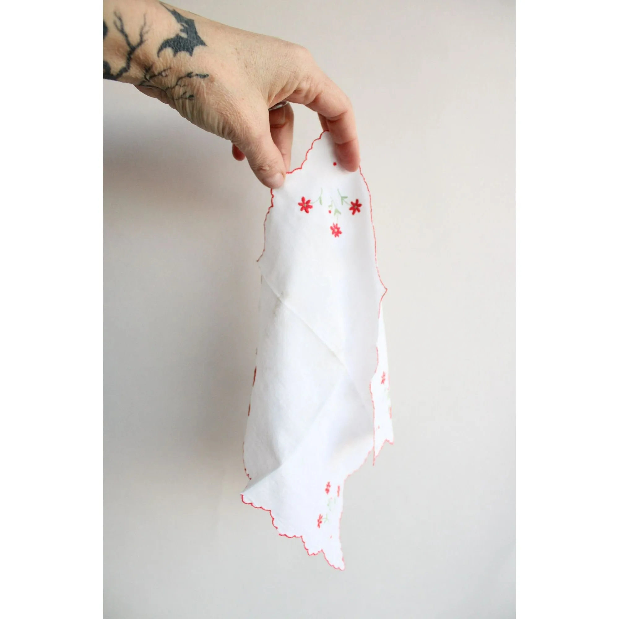 Vintage White Cotton Hankie with Red Flower Embroidery