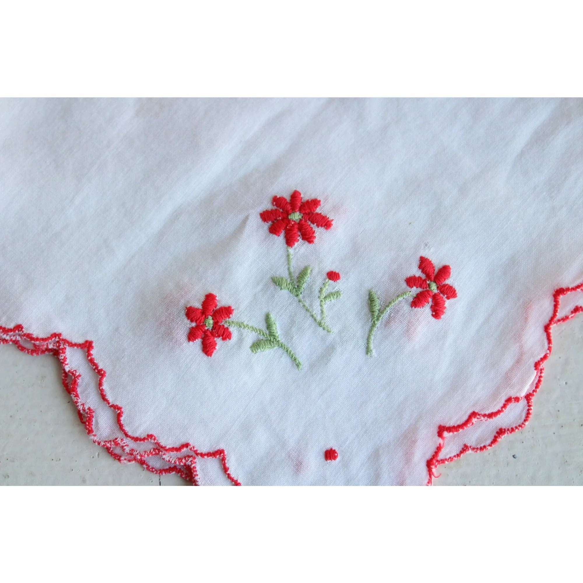 Vintage White Cotton Hankie with Red Flower Embroidery