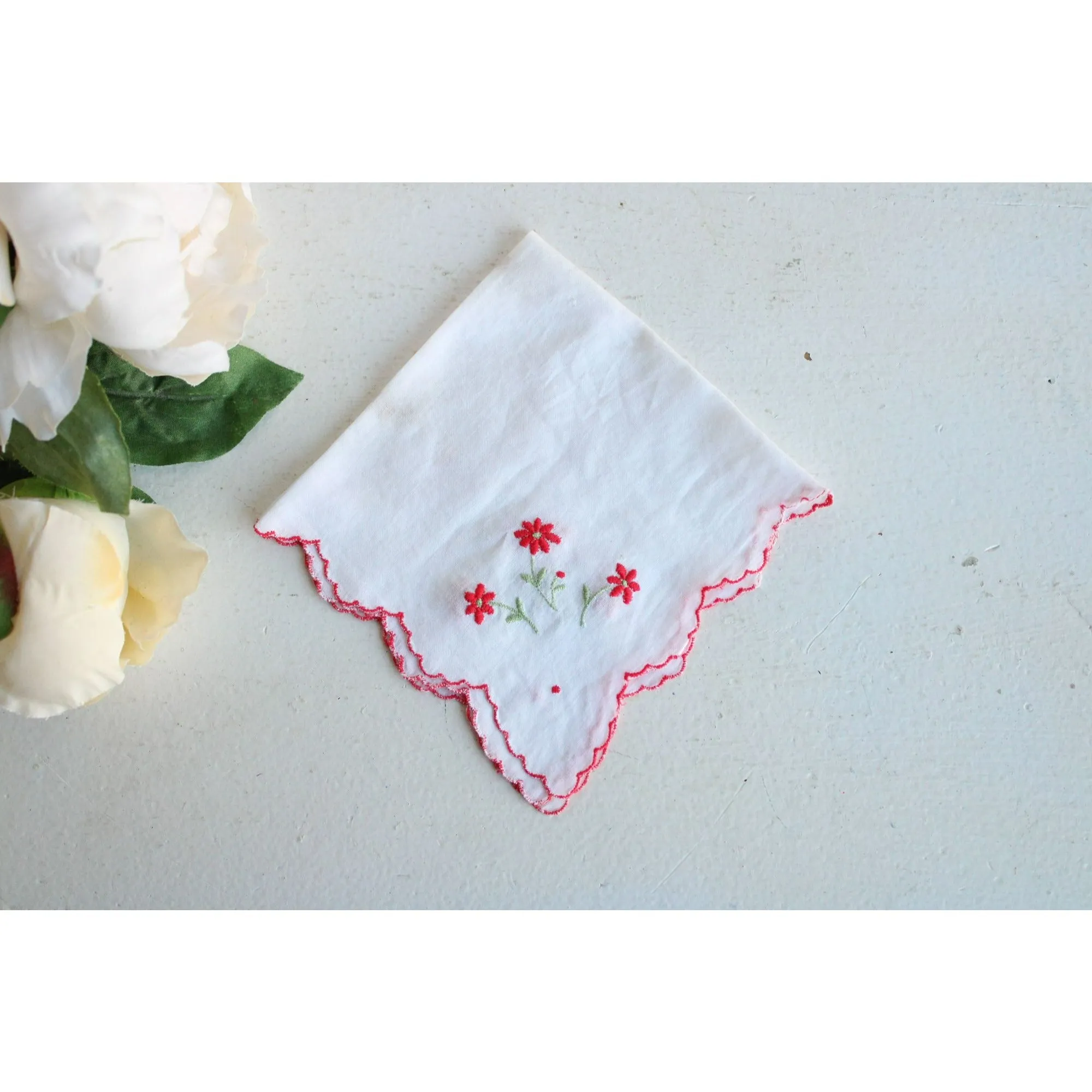 Vintage White Cotton Hankie with Red Flower Embroidery