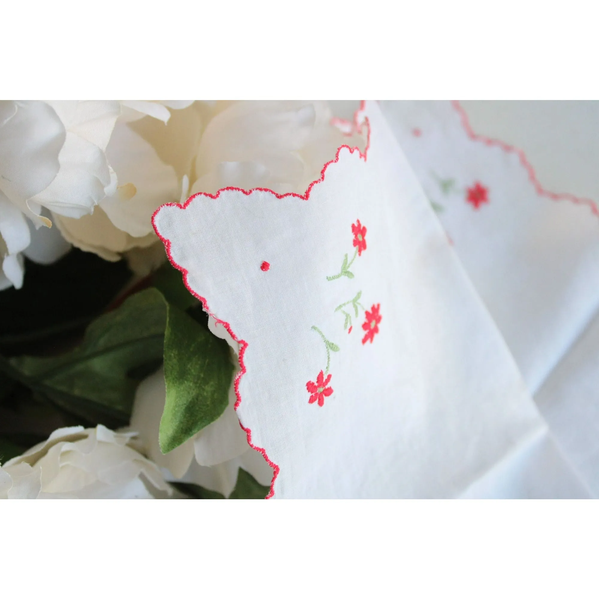 Vintage White Cotton Hankie with Red Flower Embroidery