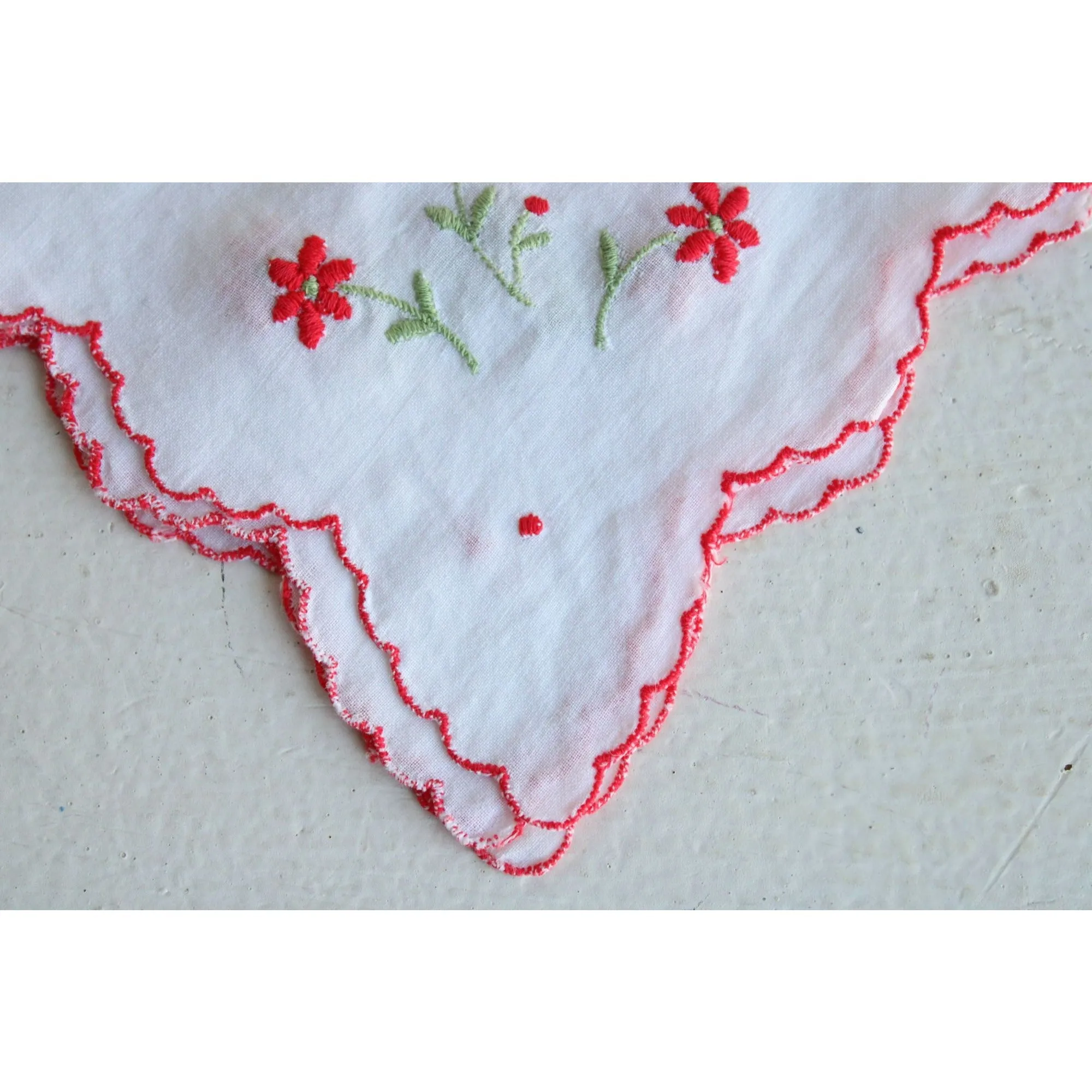 Vintage White Cotton Hankie with Red Flower Embroidery
