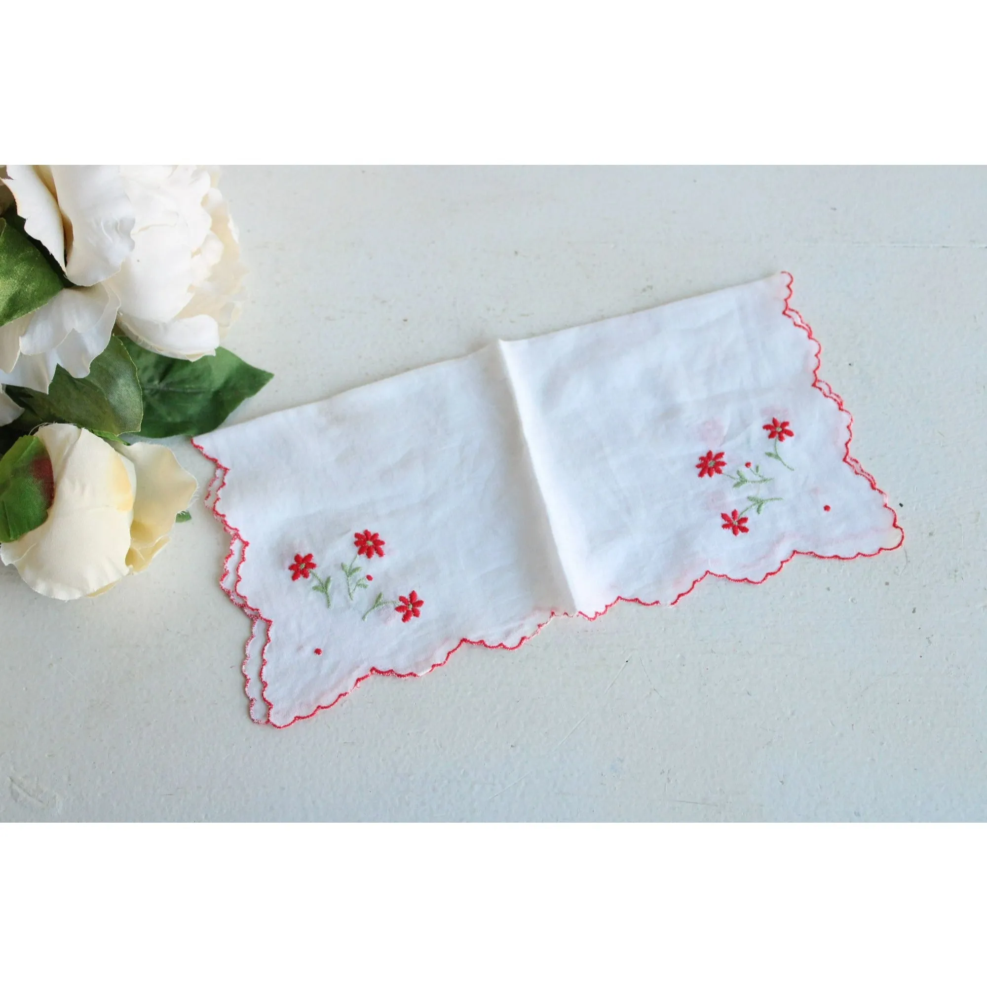 Vintage White Cotton Hankie with Red Flower Embroidery