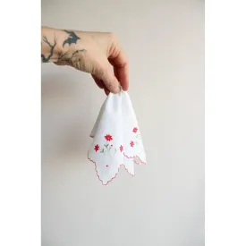 Vintage White Cotton Hankie with Red Flower Embroidery