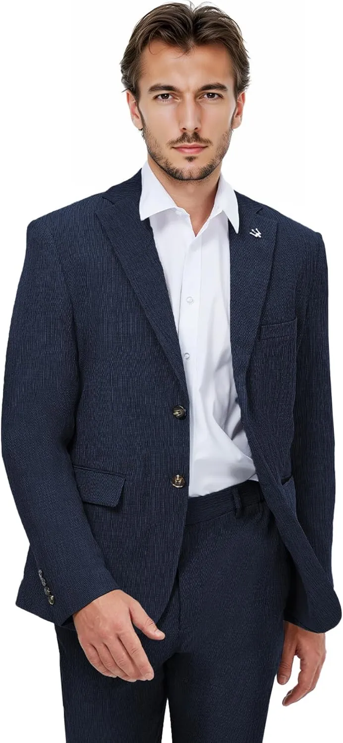 WEEN CHARM Men's Summer Seersucker Suit-2-Piece Blazer and Pants Set-Lightweight,Breathable,Casual,Cool and Comfortable