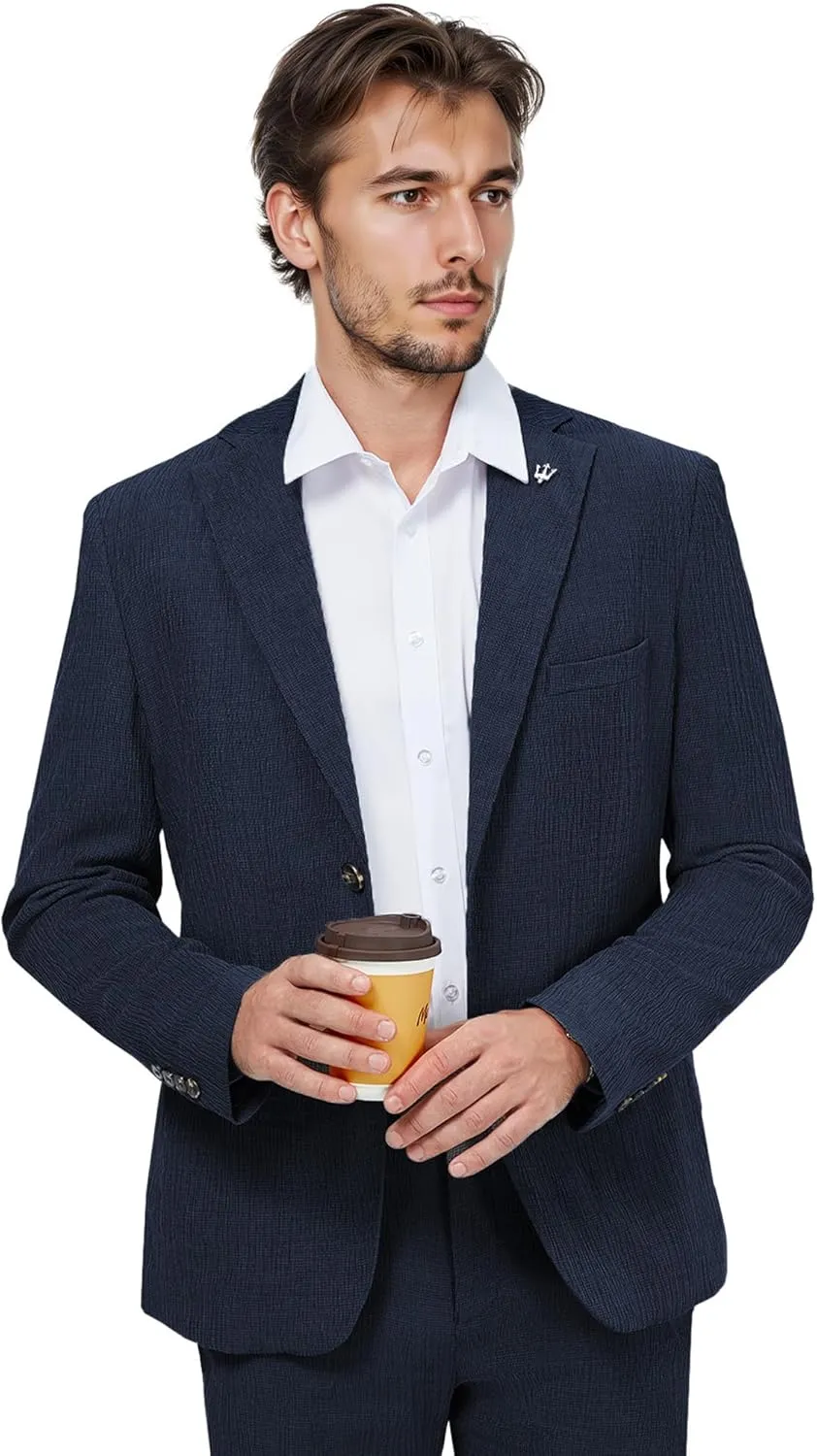 WEEN CHARM Men's Summer Seersucker Suit-2-Piece Blazer and Pants Set-Lightweight,Breathable,Casual,Cool and Comfortable