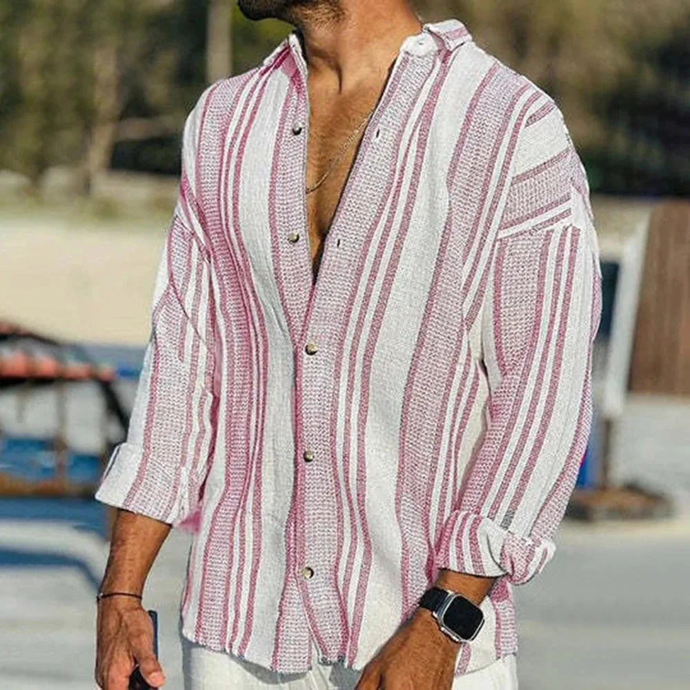 Wiaofellas  -  Spring And Summer Mens New Casual Shirt Stripe Pattern Fashionable Trendy Holiday Style Handsome Retro Long Sleeve Shirt
