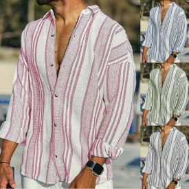 Wiaofellas  -  Spring And Summer Mens New Casual Shirt Stripe Pattern Fashionable Trendy Holiday Style Handsome Retro Long Sleeve Shirt