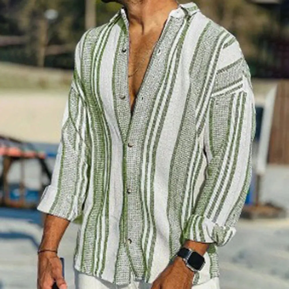 Wiaofellas  -  Spring And Summer Mens New Casual Shirt Stripe Pattern Fashionable Trendy Holiday Style Handsome Retro Long Sleeve Shirt