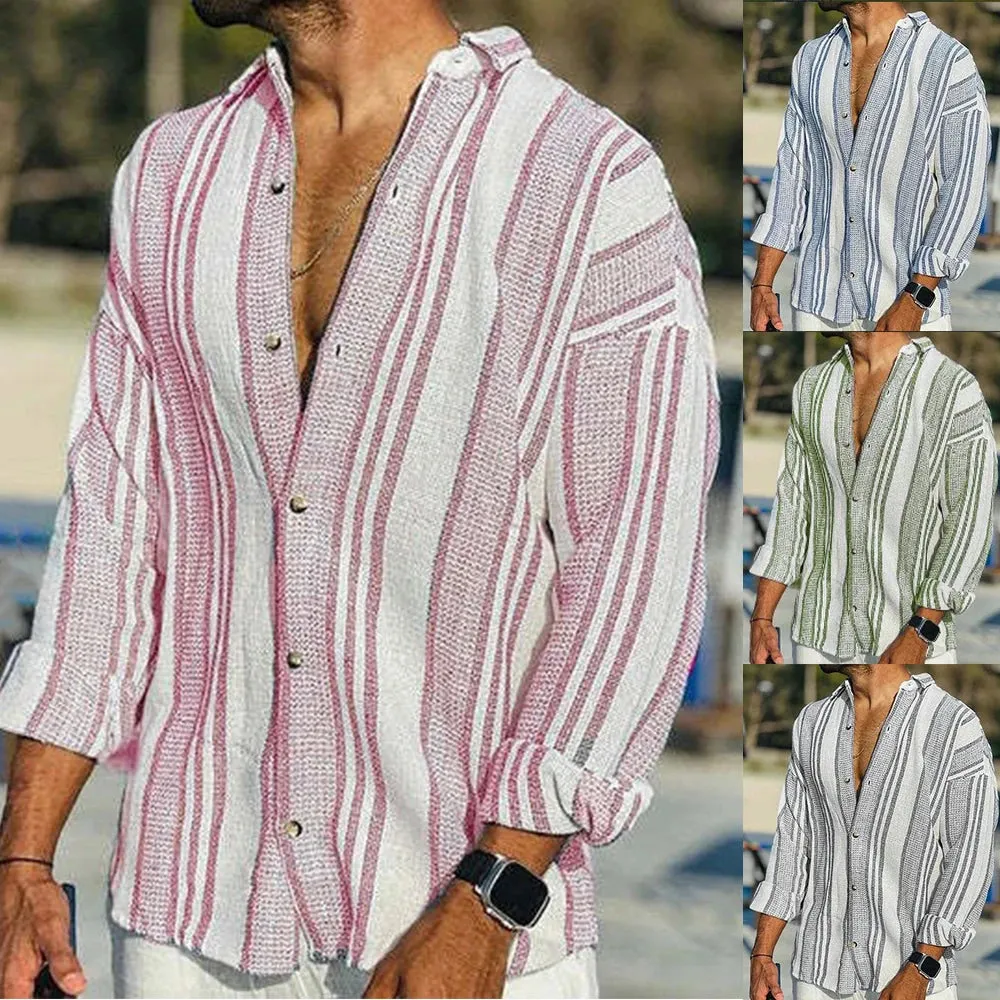 Wiaofellas  -  Spring And Summer Mens New Casual Shirt Stripe Pattern Fashionable Trendy Holiday Style Handsome Retro Long Sleeve Shirt