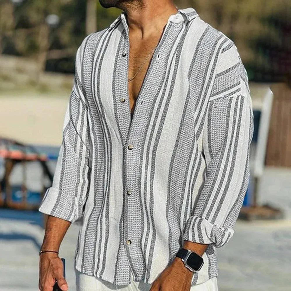 Wiaofellas  -  Spring And Summer Mens New Casual Shirt Stripe Pattern Fashionable Trendy Holiday Style Handsome Retro Long Sleeve Shirt