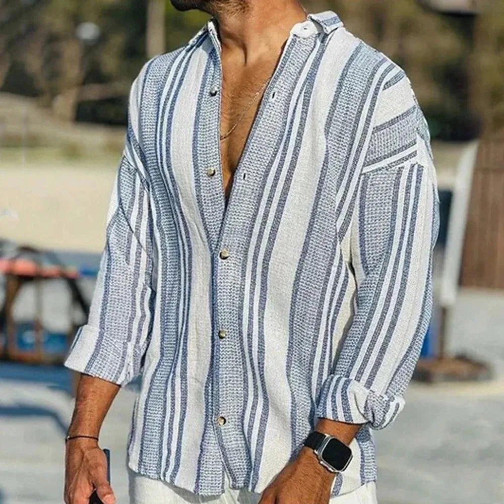 Wiaofellas  -  Spring And Summer Mens New Casual Shirt Stripe Pattern Fashionable Trendy Holiday Style Handsome Retro Long Sleeve Shirt