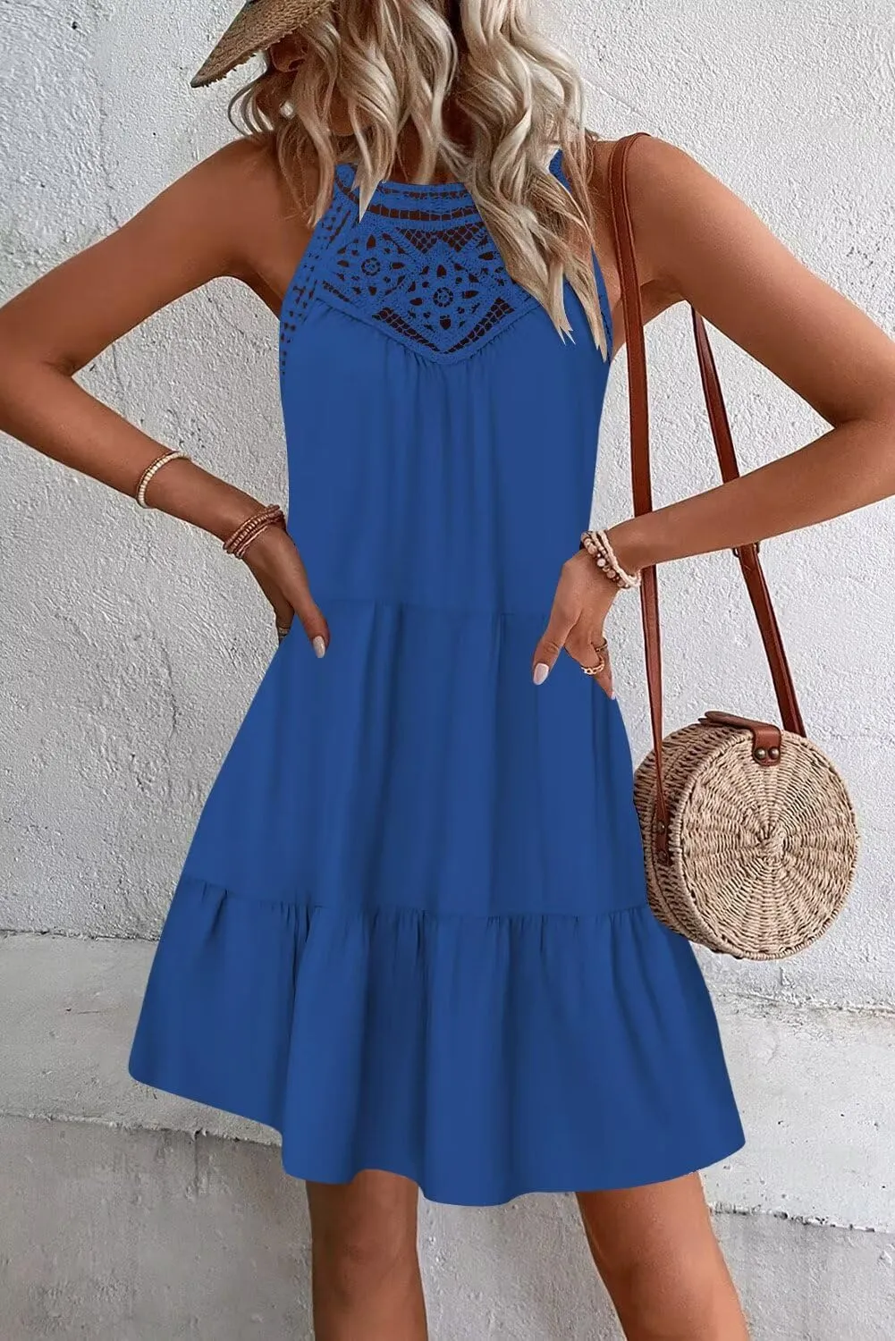 Wkior Womens Summer Dresses 2025 Casual Halter Sleeveless Flowy Mini Dress Tiered Pleated Beach Sundress